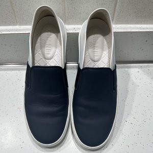 Authentic Chanel Navy, Black & White Leather Slip-On Sneakers
